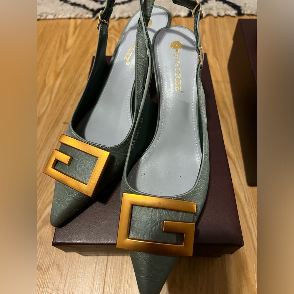 SHEIN kitten heeled mules olive green